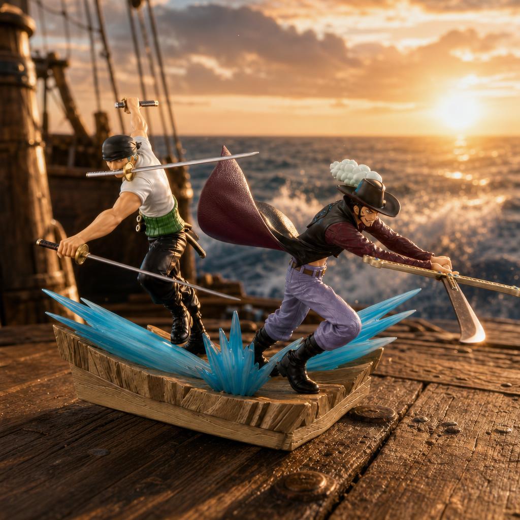 Figura de colección Figura Dracule Mihawk & Roronoa Zoro, en escena épica