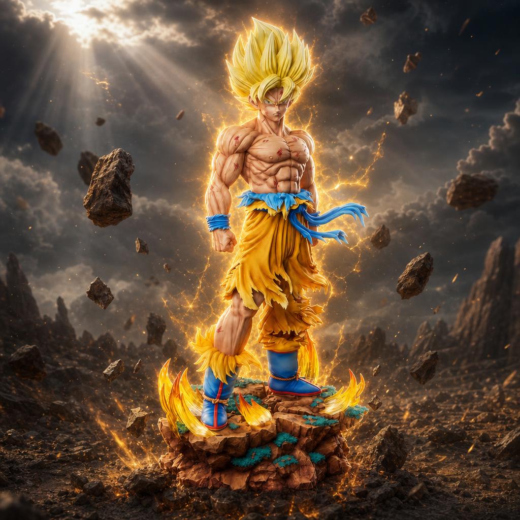 Figura de colección Son Goku Super Saiyan, en escena épica
